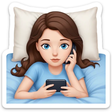 White girl brunett blue eyes, laying on flat In bed using her phone sticker