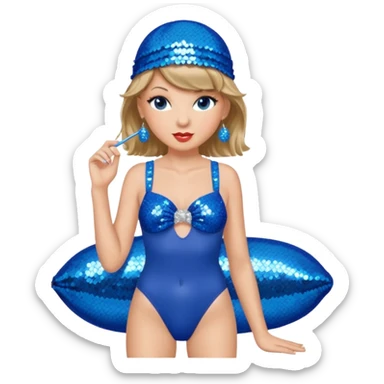 Taylor Swift wearing a blue bathing suit with sparkly sequin straps. She is also wearing a sequin blue swim cap with a sequin strap going under her chin. She has a blue tinsel boa draped over her shoulders. sticker