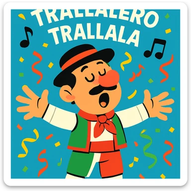 cartoon character in traditional Italian attire with arms wide singing 'trallalero trallala' with festive background, lively style sticker