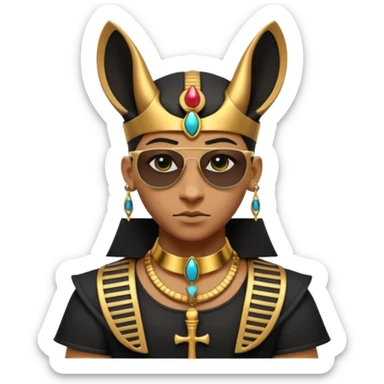 3D cartoon horned character portrait, wearing sunglasses, gothic ancient Egyptian style, pharaoh collar, dark gold and black outfit, ankh symbols, Egyptian jewelry, mysterious expression, soft dramatic lighting, centered, clean background, no text, no watermark sticker