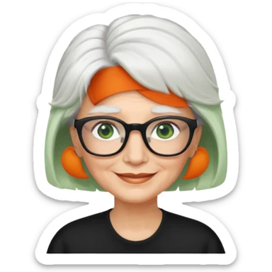 White hair grandma, green eyes, hair to shoulder, lokeg black glasses, rectangles face, smile , sticker