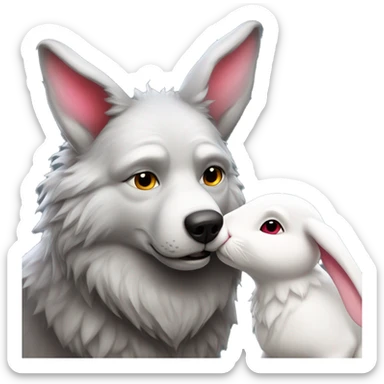 Old Wolf kisses a white Bunny who has pink ears, with big red heart between them sticker