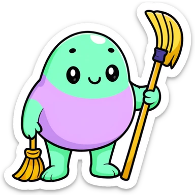 chubby lavender-colored lavender flower character with droopy eyes and a tired face, holding a tiny broom sticker