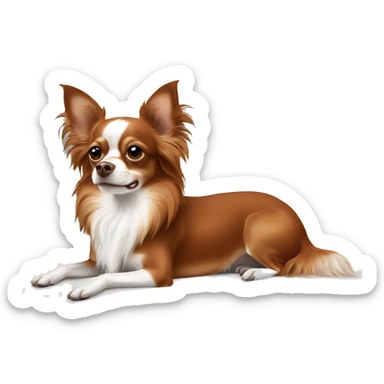 Long-haired reddish brown Chihuahua with white markings lying on bed  sticker