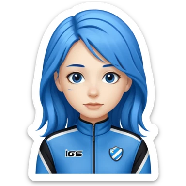 blue long hair woman with black racing outfit with blue strips sticker