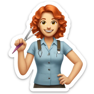 The manicure master is a red-haired girl with a nail file and scissors in her hand. He smiles, winks and calls for an appointment with his other hand sticker