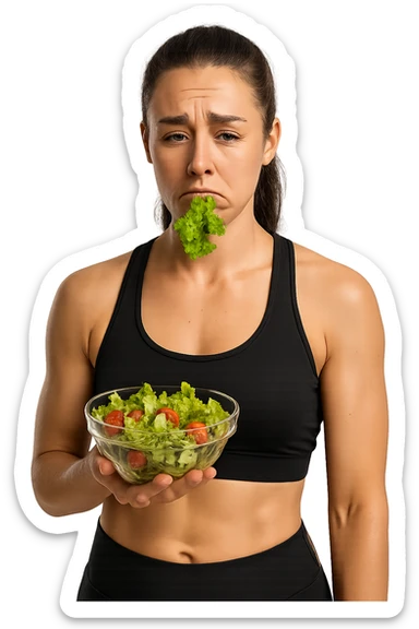 DONNA FITNESS CON INSALATA IN MANO MENTRE TIENE UNA FOGLIA DI INSALATA IN BOCCA CON ESPRESSIONE TRISTE, iperrealistico 4k, ISOLATA SU SFONDO BIANCO sticker