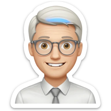 30 yr old pale white man, white/grey side swept stylish hair, round glasses, big smile, white teeth, handsome, longer hair, thin glasses, white dress shirt, smooth forhead sticker