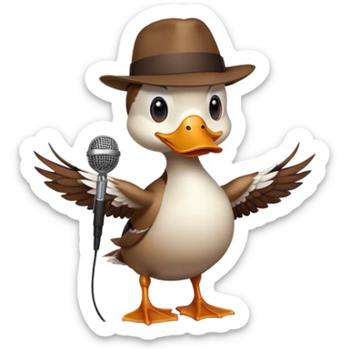 duck in a fedora, telling jokes, microphone in wing sticker