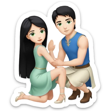 prince, upright, black Hair, blue eyes, garment,  Woman, bending knee, sleveless white dress, blonde hair, green eyes, sticker