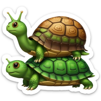 A snail is perched on the back of a turtle. sticker