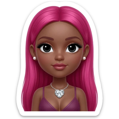 pearl earrings stud, Long giant lashes, Doll faced shaped,swarovski heart with Rhodium plated necklace, bimbo, black doll eyes, barbie, dark brown skin, with long hot pink hair, light pink, big breast sticker
