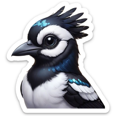 Cinematic Cute Magpie Portrait Emoji, Head tilted playfully and inquisitively, featuring a compact, elegant form with glossy, contrasting black and white feathers and round, sparkling eyes full of playful charm, Simplified yet irresistibly adorable features, highly detailed, glowing with a warm, inviting glow, high shine, affectionate and lively, stylized with a touch of whimsical urban flair, soft glowing outline, capturing the essence of a mischievous yet endearing magpie that seems as if it could flit out of the screen into your arms! sticker