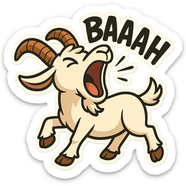 cartoon sticker style goat with mouth wide open, exaggerated 'baaah' text, energetic pose sticker