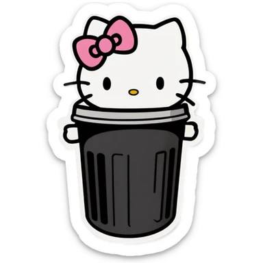 A trash bin that says GOODBYEEEE with hello Kitty in it sticker