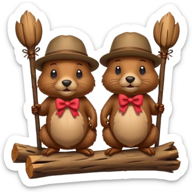 add a bow on the head of one beaver with another beaver without a bow on its head in a lodge of sticks and logs sticker