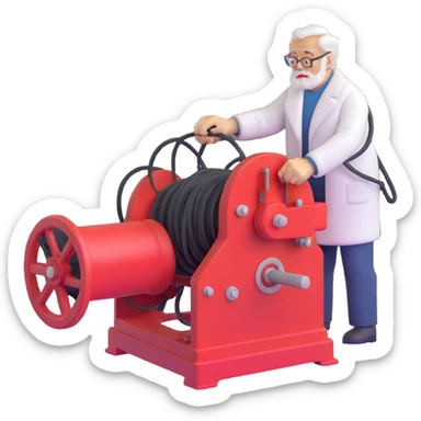 Elderly Russian scientist operating winch equipment on vintage marine geology research ship sticker