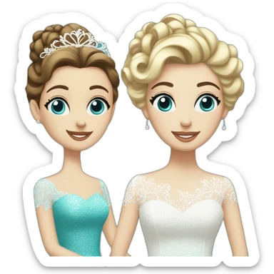 Bride with brown hair into a bun, blue eyes and a lace dress. Next to her the bride's mother with blonde curls and a turquoise sequined dress with sleeves. sticker