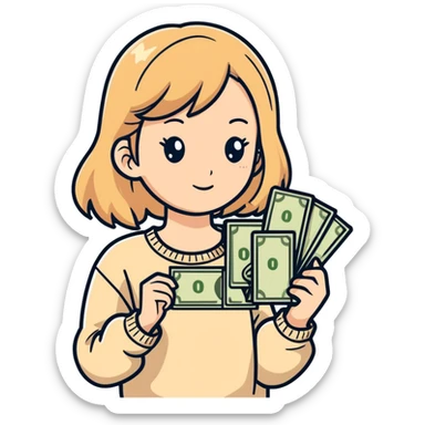 girl with rummy hair in beige sweater happy with money in hands sticker
