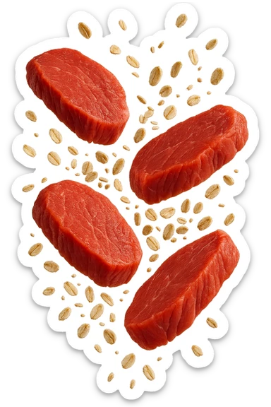 FETTINE DI CARNE FLUTTUANO IN ARIA INSIEME A FIOCCHI DI AVENA, IPERREALISTICO 4K sticker