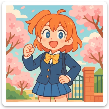 cheerful anime schoolgirl with orange hair, blue eyes, school uniform, spring cherry blossoms, confident pose, lively school gate background, Love Live! style sticker