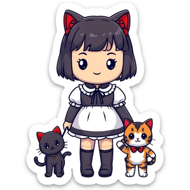 girl wearing black Lolita style dress, with medium-length black hair with red tips, and a black American Shorthair tabby cat sticker