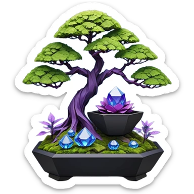 Futuristic wild glowing alien moss maples Bonsai hair-fine-leaf group multi faceted intricate crystal boxwood Darth Vader purple rose blue informal rocky cliffhanger eight trees forest planting in shallow origami slab style pot with big anthropomorphic feet  sticker
