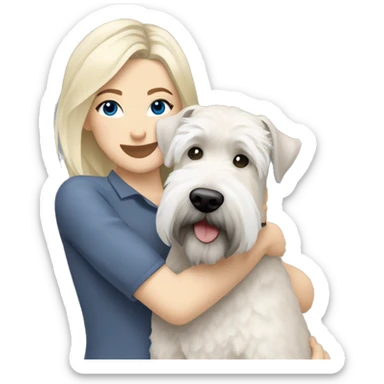 pretty woman blonde hair blue eyes hugging a white and gray soft coated wheaten terrier dog sticker