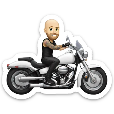 tattooed white and bald guy on a white motorcycle sticker