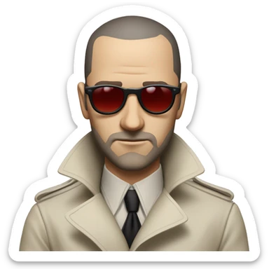 <excerpt>
A 1930s white man with real buzz cut Black hair, beard stubble donning small red tinted sun glasses in a dirty white trench coat, is serious.
</excerpt> sticker