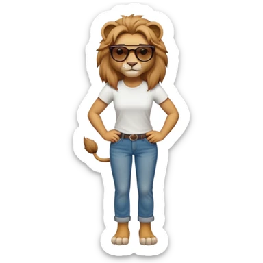 friendly anthropomorphised female lion character, full body, standing confidently with legs shoulder width apart and arms folded, wearing jeans, a white t-shirt, and dark sunglasses, with a determined expression sticker