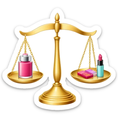 gold scale with dollars on one side and beauty products like lipstick, perfume, makeup on the other sticker