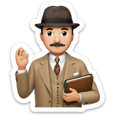 A cinematic-style frame showing Hercule Poirot in his iconic suit with a notebook in a dramatic detective pose. Background should be mysterious city, map, a board with photos of suspects, clues like fingerprints. Transparent background. sticker