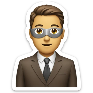 a guy with a brown suit and grey mask with "N." written on it sticker