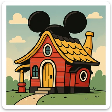 Cartoon house with Mickey Mouse ears and colors, playful and colorful, whimsical design, Mickey Mouse inspired house sticker