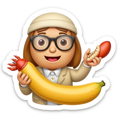 Hotdog with glasses and a mouth holding a banana and holding a crab sticker