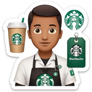 create a sticker of my male bangladeshi friend who is supervisor at starbucks plus coffemaster so black apron woth coffeemaster on it and starbucks logo he s also a comp sci student sticker