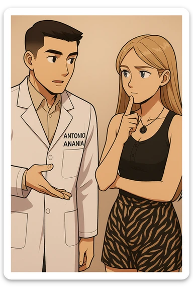 fai un webtoon/manga a colori con questo kinesiologo in camice bianco (fagli la scritta "ANTONIO ANANIA" SUL CAMICE) CHE PARLA CON QUESTA RAGAZZA CON GLI OCCHI AZZURRI. la ragazza HA UN DITO SUL MENTO MENTRE PENSIEROSA gli fa una domanda e IL KINESIOLOGO CON IL CAMICE BIANCO LE risponde. NON FARE I FUMETTI, FAI SOLO LORO COME SE DIALOGASSERO sticker