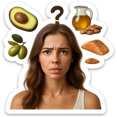 Create a 3D render style image of a realistic woman with a confused expression, surrounded by realistic icons of good fats (avocado, olive oil, nuts, salmon), with a question mark above her head. The image should have hyperrealistic details and natural lighting. Maintain the composition of variant 6 but completely remove the background. sticker