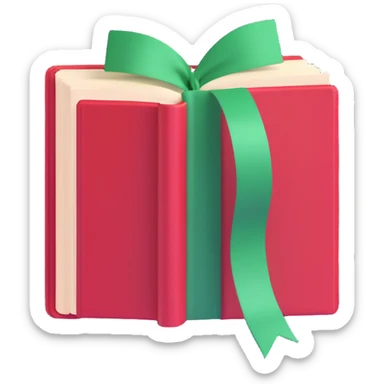 open red hardcover book with green ribbon bookmark sticker