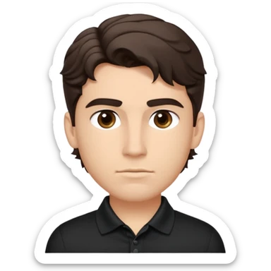 He’s a man with light to medium skin, a defined oval face, full brows, deep-set eyes, and wavy short dark brown tall hair styled with height, sides are trimmed. muscular. expression calm and focused relaxed black polo shirt. polished, articulate, and coach vibe. personal development.  sticker