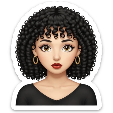 Woman with thick black curly hair and curly bangs, light eyes, fair skin, defined brows, high cheekbones, full lips, septum ring, soft glam makeup, confident expression. sticker