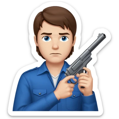 guy w medium long brown hair and blue eyes with gun pointed up at his chin sticker
