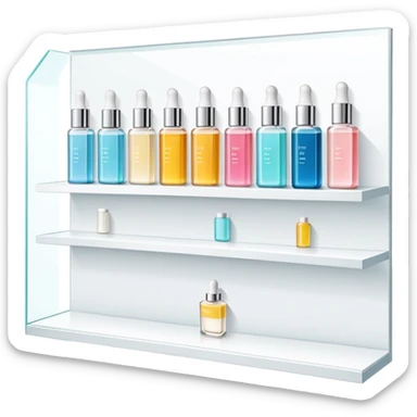 big long white shelf with one serum bottle labeled beauty brand and big sticky note sticker