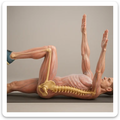 Create a hyperrealistic 4K anatomical illustration of a man lying on the ground in a dead bug position, viewed from the side as in the reference image. Highlight the pelvis and spine bones in 3D with realistic anatomical details. Show translucent muscles and skin to reveal the skeleton underneath. Maintain the same pose and perspective as the reference. Medical atmosphere. sticker