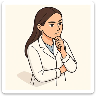 A girl doctor with dark long straight hair, detailed brown eyes (not just dots), wearing a white medical coat, in 2D isometric style with a minimalist background, thoughtful finger on chin, with a serious facial expression. sticker