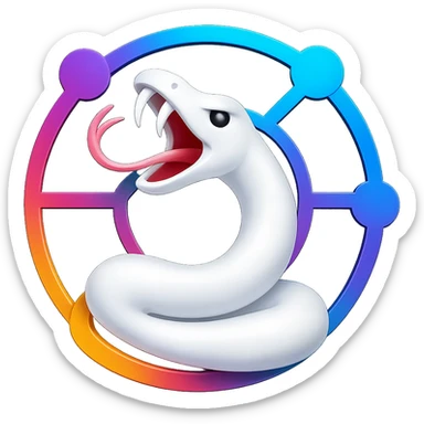 Transform the image into a 3D, colorful logo featuring an abstract white snake in a circular network pattern. Use vibrant colors and make it shiny and dimensional, inspired by the reference image. sticker