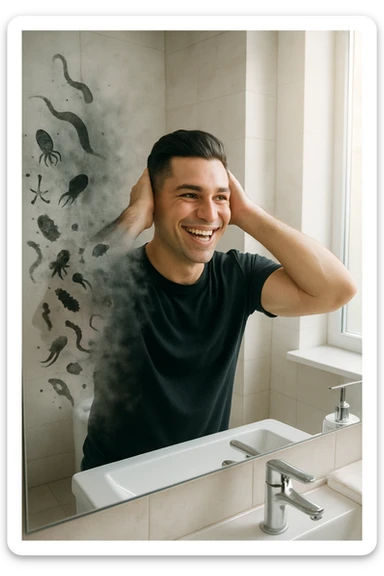 a man stands in a brightly lit bathroom, looking relieved and revitalized as he examines his reflection in the mirror. In the foreground, stylized, shadowy images of parasites (such as worms or protozoa) are shown leaving his body, dissolving into mist or fading away. His posture is upright and his expression is one of newfound energy and health. sticker