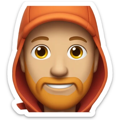 A young, bald man with an orange beard and a red jacket and cap sticker