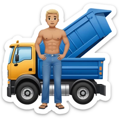 Man with blue Jean style speedo standing in front of a dump truck  sticker
